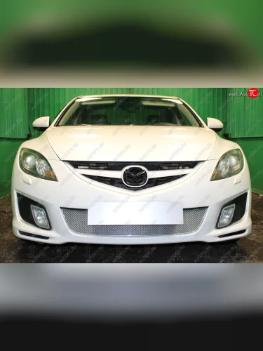 Защитная сетка в бампер (низ, компл.Sport, ячейка 4х10 мм) Alfeco Премиум (Хром) Mazda 6 GH дорестайлинг лифтбэк (2007-2010)