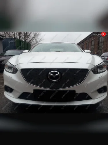 Защитная сетка в бампер (верх, ячейка 4х10 мм) Alfeco Премиум (Чёрная) Mazda 6 GJ дорестайлинг седан (2012-2015)