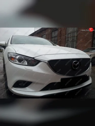 Защитная сетка в бампер (низ, ячейка 4х10 мм) Alfeco Премиум (Чёрная) Mazda 6 GJ дорестайлинг седан (2012-2015)