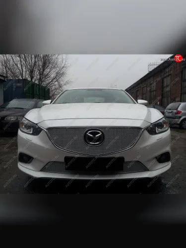Защитная сетка в бампер (верх, ячейка 4х10 мм) Alfeco Премиум (Хром) Mazda 6 GJ дорестайлинг седан (2012-2015)