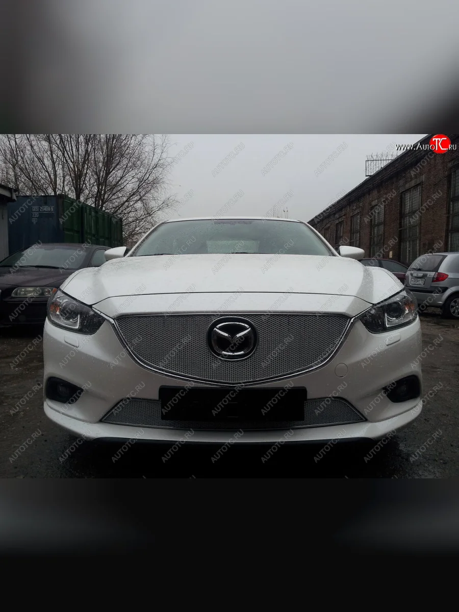 Защитная сетка в бампер (верх, ячейка 4х10 мм) Alfeco Премиум Mazda 6 GJ дорестайлинг седан (2012-2015) (Хром)  в Перми Пермском крае