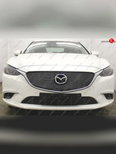 Защитная сетка в бампер (верх, компл. Activ, ячейка 4х10 мм) Alfeco Премиум (Чёрная) Mazda 6 GJ 1-ый рестайлинг седан (2015-2018)