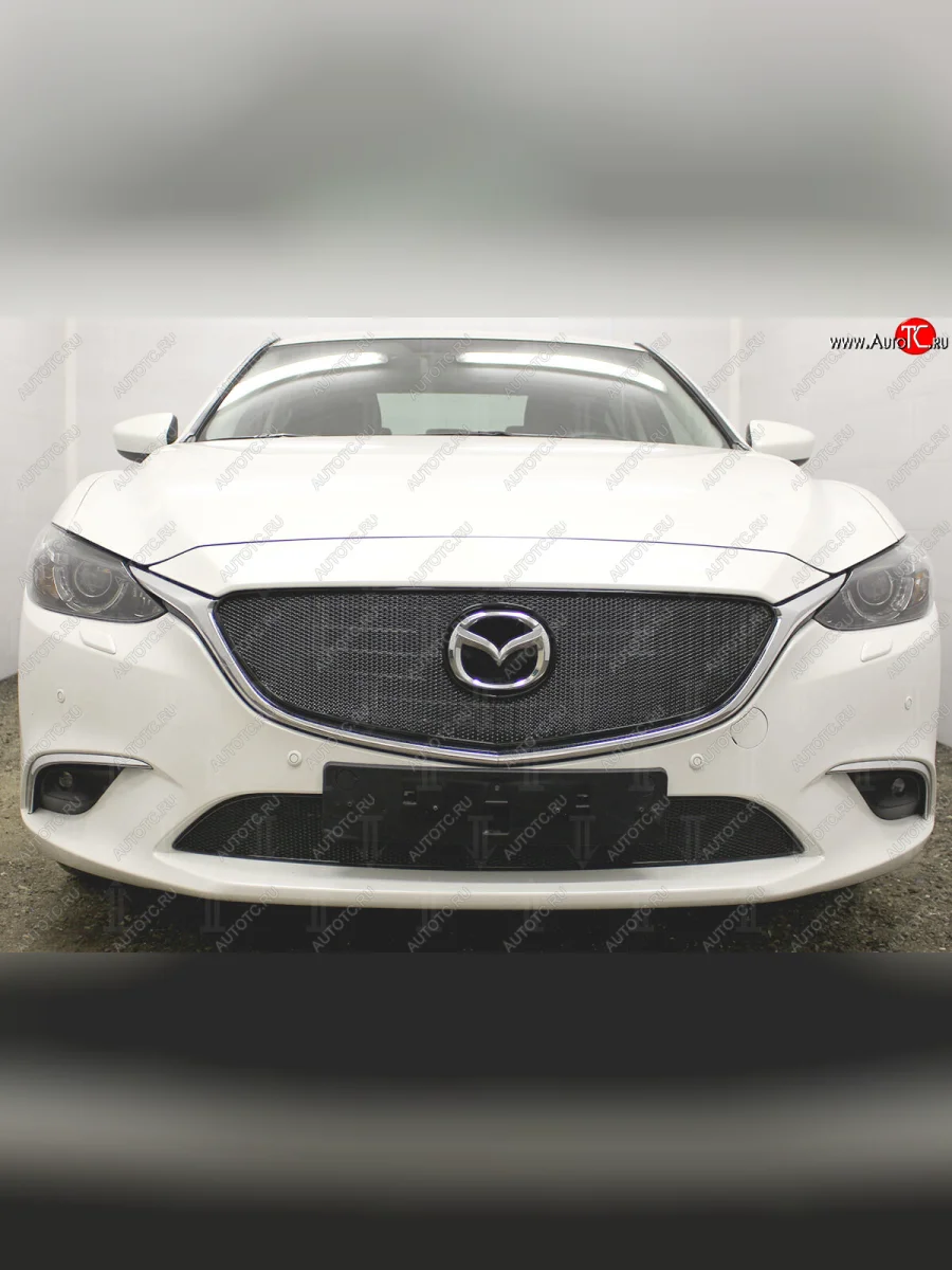 Защитная сетка в бампер (низ, компл.Supreme, Supreme Plus, Executive, ячейка 4х10 мм) Alfeco Премиум Mazda 6 GJ 1-ый рестайлинг седан (2015-2018) (Чёрная)  в Керчи Республика Крым