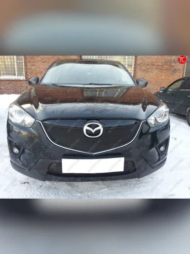 Защитная сетка в бампер (верх, ячейка 3х7 мм) Alfeco Стандарт (Чёрная) Mazda CX-5 KE дорестайлинг (2011-2014)