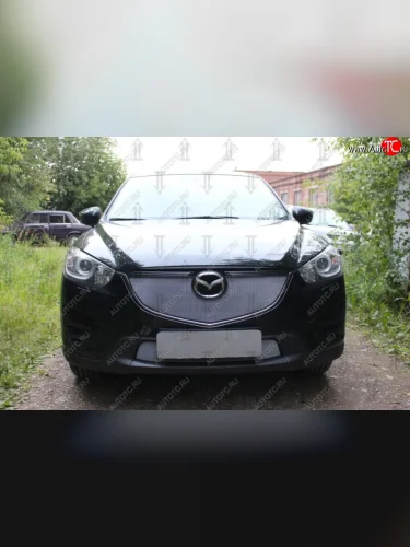 Защитная сетка в бампер (верх, ячейка 3х7 мм) Alfeco Стандарт (Хром) Mazda CX-5 KE рестайлинг (2015-2017)