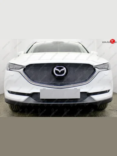 Защитная сетка в бампер (верх, 3D, ячейка 4х10 мм) Alfeco Премиум (Чёрная) Mazda CX-5 KF (2016-2025)