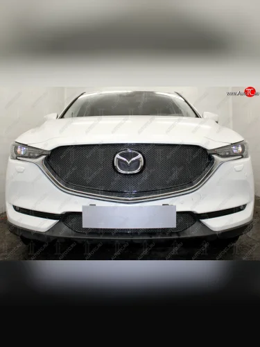 Защитная сетка в бампер (верх, ячейка 4х10 мм) Alfeco Премиум (Чёрная) Mazda CX-5 KF (2016-2025)