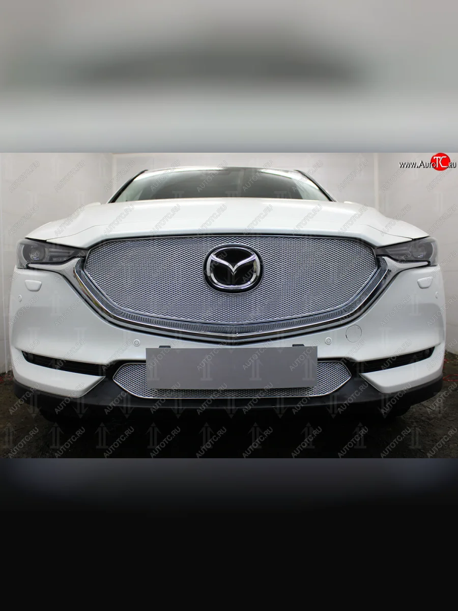 Защитная сетка в бампер (верх, ячейка 4х10 мм) Alfeco Премиум Mazda CX-5 KF (2016-2025) (Хром)  с доставкой в г. Пермь
