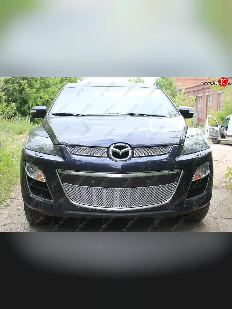 Защитная сетка в бампер (верх, 2 части, ячейка 4х10 мм) Alfeco Премиум Mazda CX-7 ER рестайлинг (2010-2012) (Хром)  с доставкой в г. Керчь