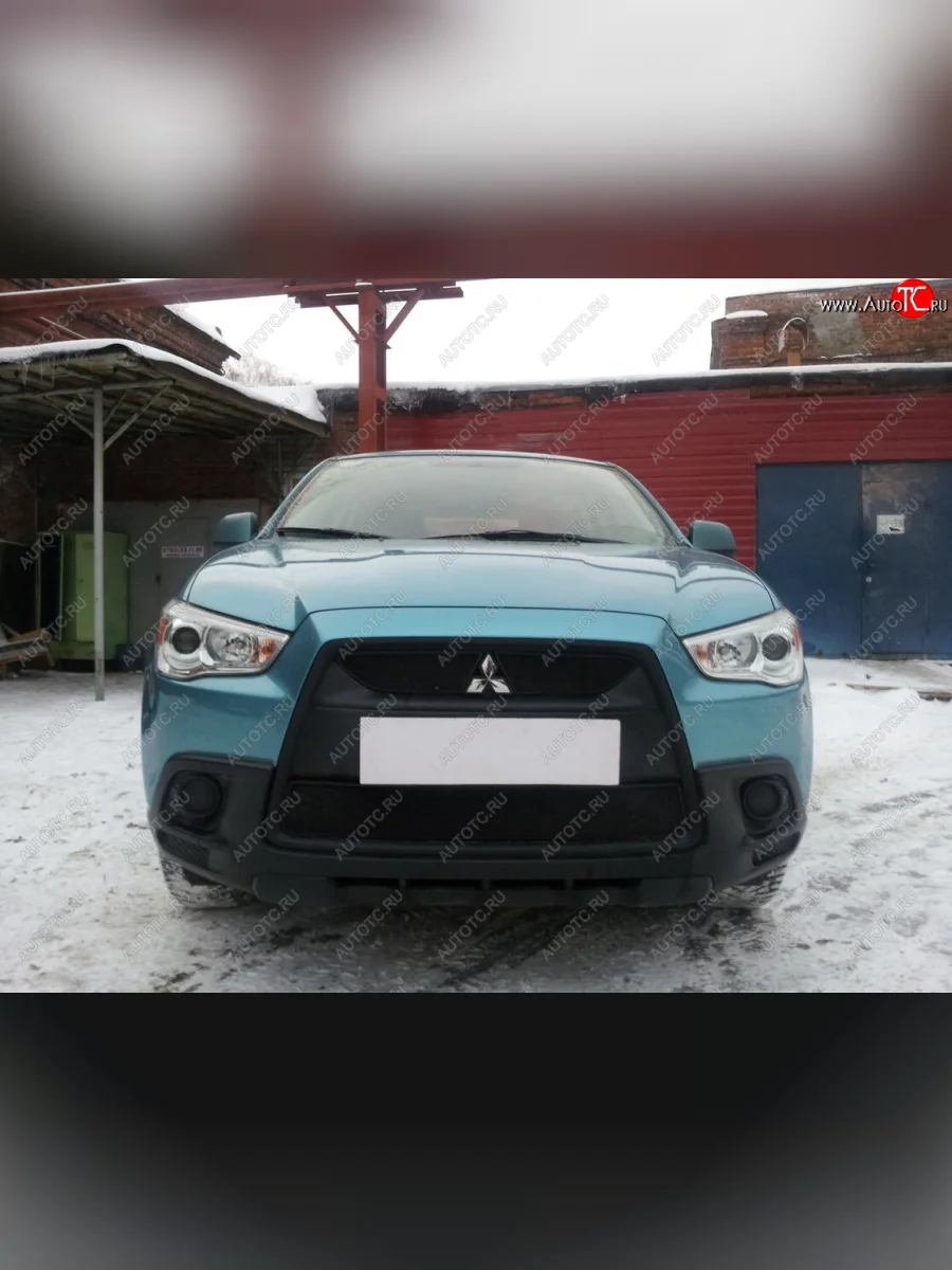 Защитная сетка в бампер (верх, 2 части, ячейка 3х7 мм) Alfeco Стандарт Mitsubishi ASX дорестайлинг (2010-2012) (Чёрная)  в Перми Пермском крае