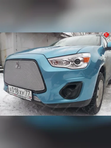 Защитная сетка в бампер (верх, ячейка 4х10 мм) Alfeco Премиум (Хром) Mitsubishi ASX 1-ый рестайлинг (2013-2016)
