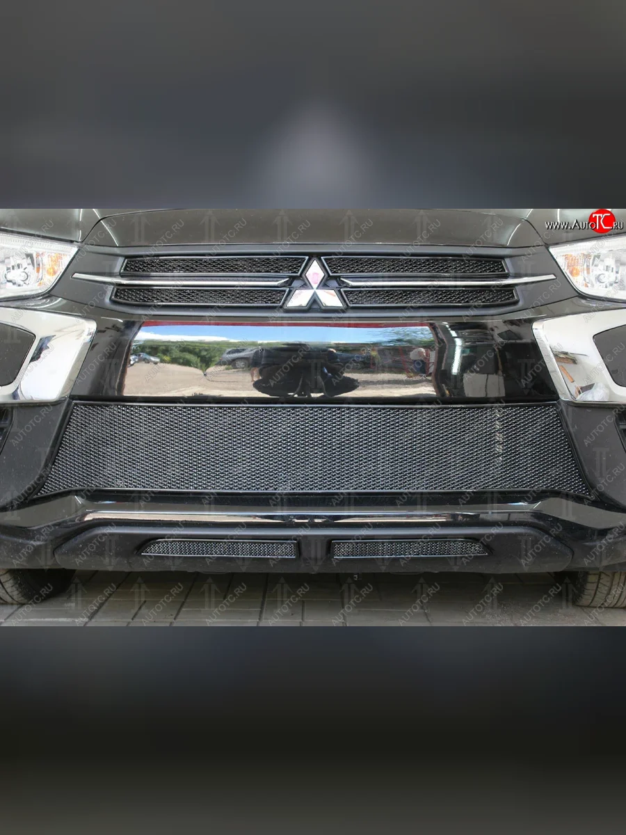 Защитная сетка в бампер (низ, 2 части, ячейка 4х10 мм) Alfeco Премиум Mitsubishi ASX 2-ой рестайлинг (2017-2020) (Чёрная)  в Самаре Самарской области