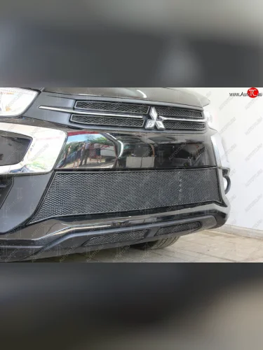 Защитная сетка в бампер (верх, 4 части, ячейка 4х10 мм) Alfeco Премиум (Чёрная) Mitsubishi ASX 2-ой рестайлинг (2017-2020)