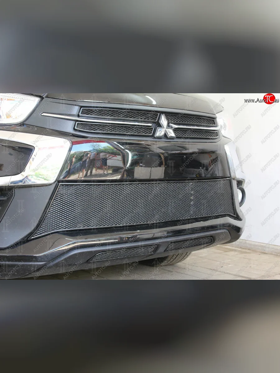 Защитная сетка в бампер (верх, 4 части, ячейка 4х10 мм) Alfeco Премиум Mitsubishi ASX 2-ой рестайлинг (2017-2020) (Чёрная)  в Керчи Республика Крым