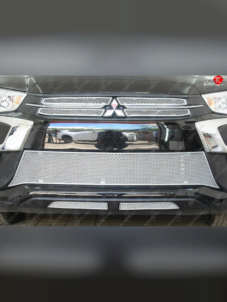Защитная сетка в бампер (верх, 4 части, ячейка 4х10 мм) Alfeco Премиум Mitsubishi ASX 2-ой рестайлинг (2017-2020) (Хром)  в Керчи Республика Крым
