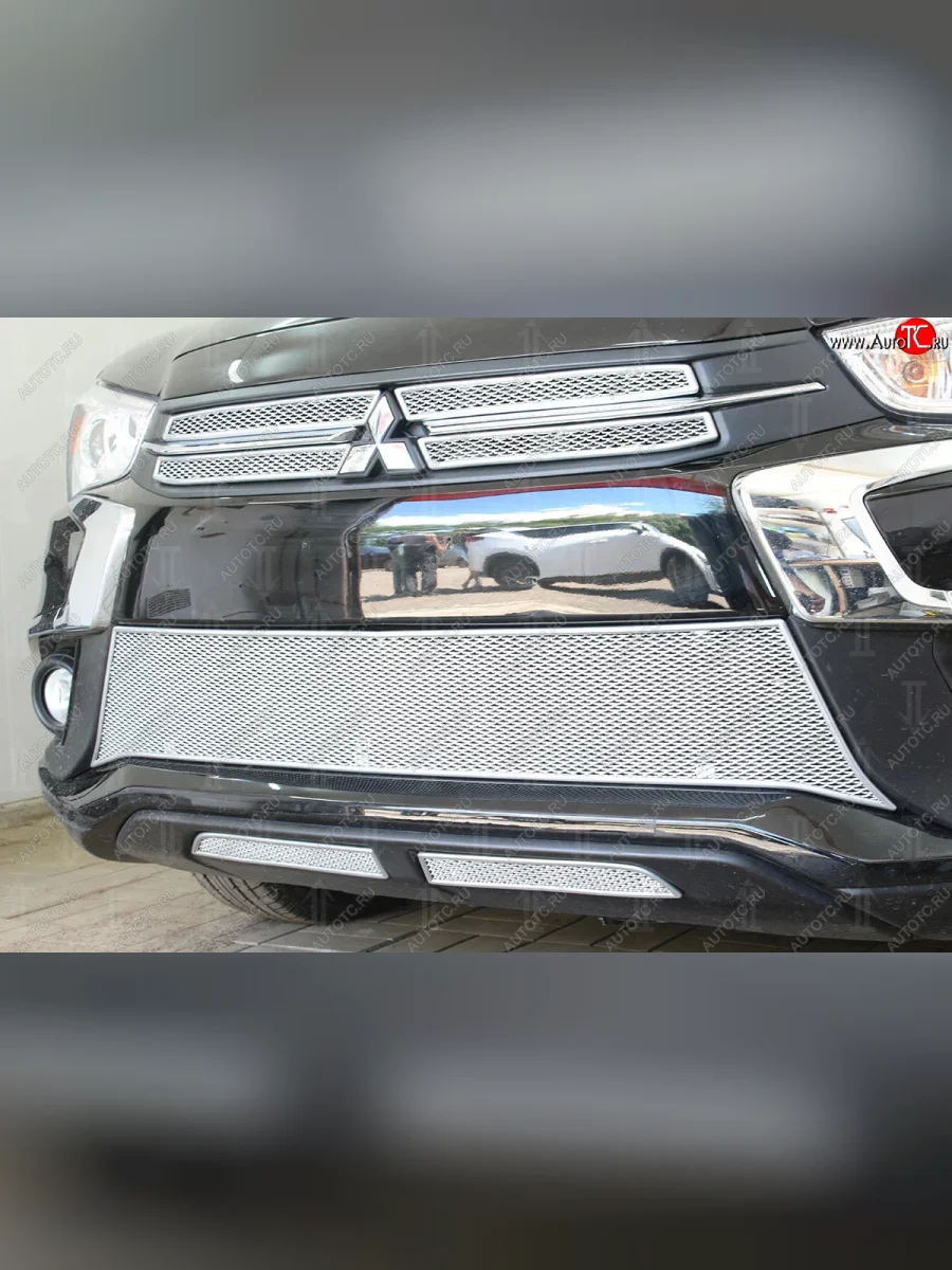 Защитная сетка в бампер (середина, ячейка 4х10 мм) Alfeco Премиум Mitsubishi ASX 2-ой рестайлинг (2017-2020) (Хром)  в Керчи Республика Крым