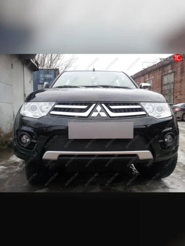 Защитная сетка в бампер (низ, ячейка 3х7 мм) Alfeco Стандарт (Чёрная) Mitsubishi L200 4  рестайлинг (2013-2016)