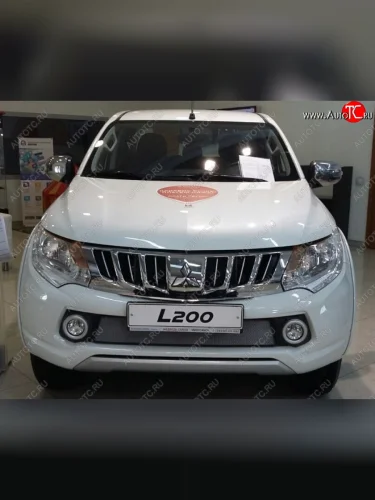 Защитная сетка в бампер (низ, ячейка 3х7 мм) Alfeco Стандарт (Хром) Mitsubishi L200 5 KK,KL дорестайлинг (2015-2019)