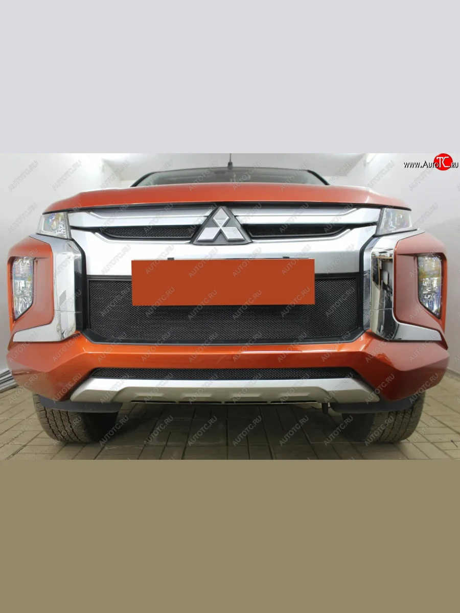 Защитная сетка в бампер (низ, ячейка 3х7 мм) Alfeco Стандарт Mitsubishi L200 5 KK,KL рестайлинг (2018-2022) (Чёрная)  в Самаре Самарской области