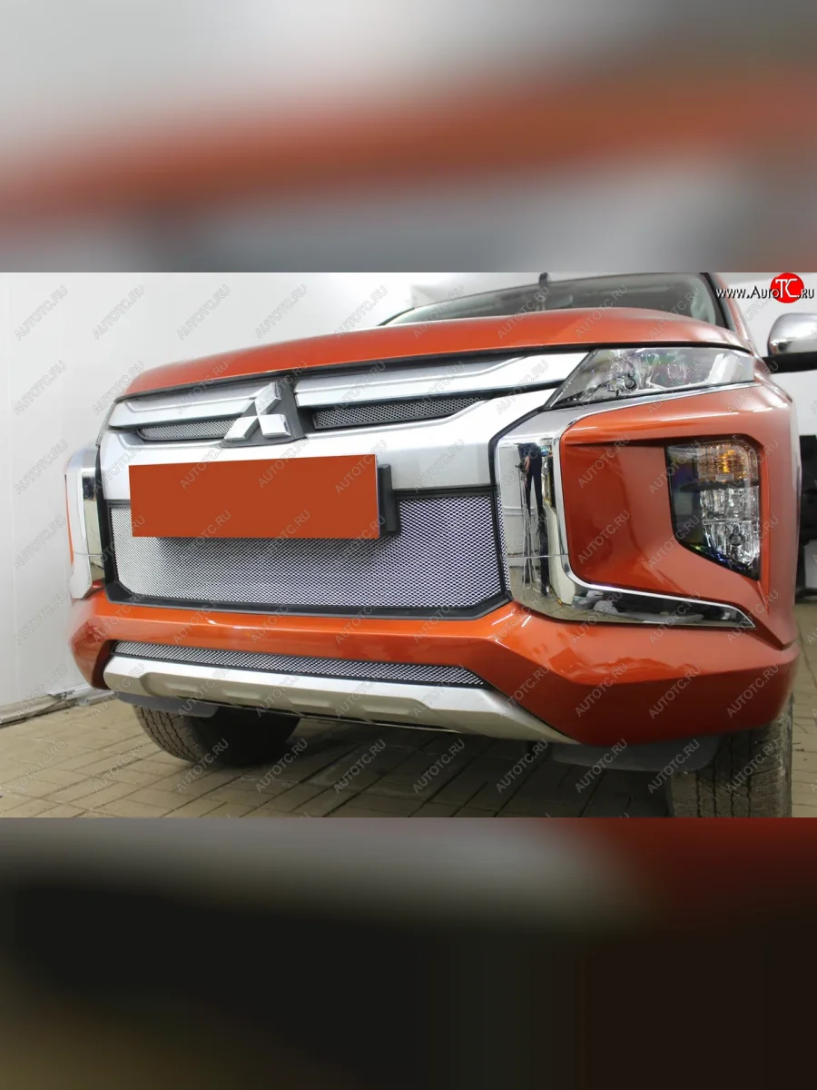 Защитная сетка в бампер (верх, 2 части, ячейка 3х7 мм) Alfeco Стандарт Mitsubishi L200 5 KK,KL рестайлинг (2018-2022) (Хром)  в Самаре Самарской области