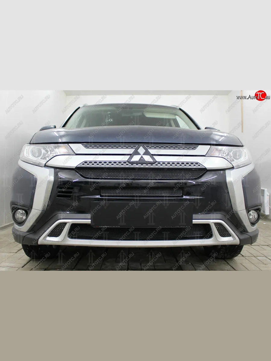 Защитная сетка в бампер (3 части, ячейка 4х10 мм) Alfeco Премиум Mitsubishi Outlander GF 3-ий рестайлинг (2018-2022) (Чёрная)  в Перми Пермском крае