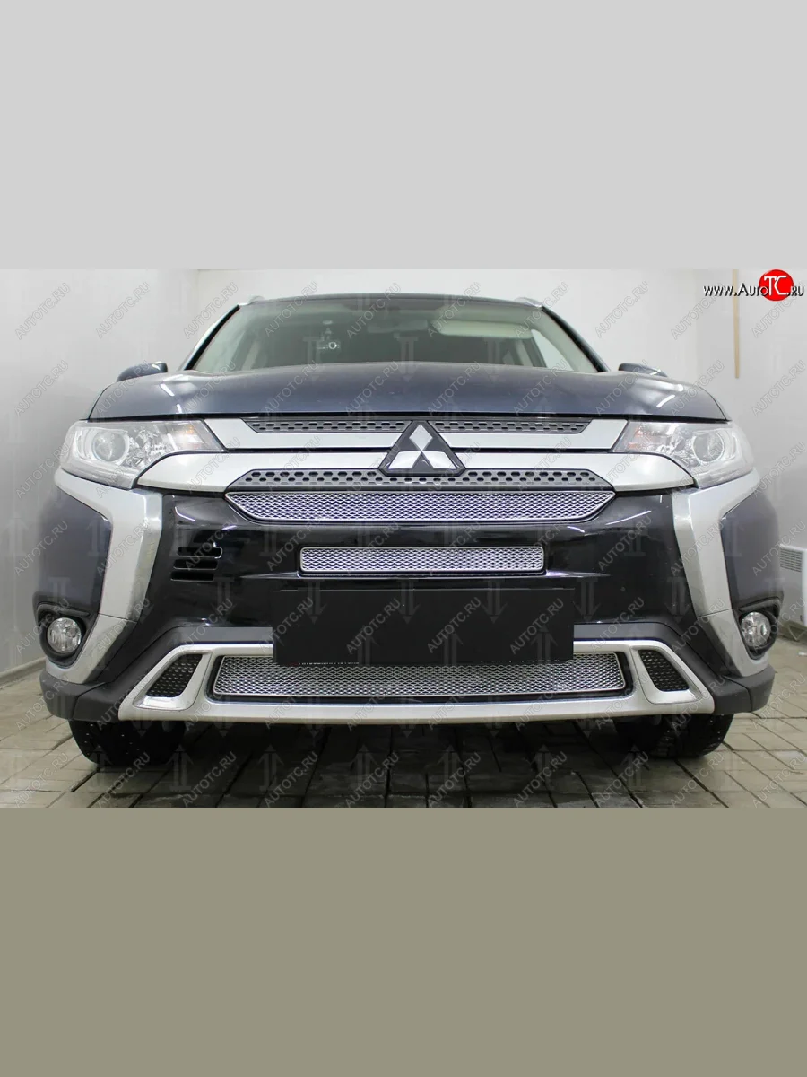 Защитная сетка в бампер (3 части, ячейка 4х10 мм) Alfeco Премиум Mitsubishi Outlander GF 3-ий рестайлинг (2018-2022) (Хром)  в Перми Пермском крае