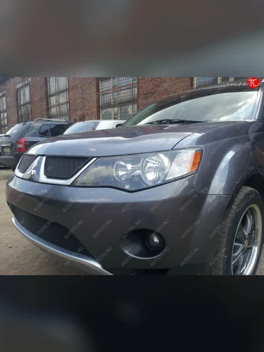 Защитная сетка в бампер (верх, ячейка 3х7 мм) Alfeco Стандарт (Чёрная) Mitsubishi Outlander XL (CW)  дорестайлинг (2005-2009)