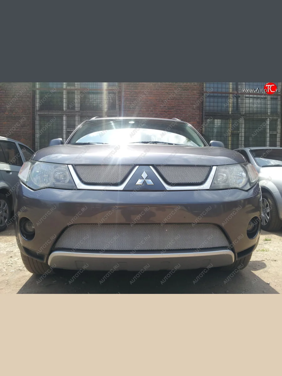 Защитная сетка в бампер (низ, ячейка 3х7 мм) Alfeco Стандарт Mitsubishi Outlander XL (CW)  дорестайлинг (2005-2009) (Хром)  в Керчи Республика Крым