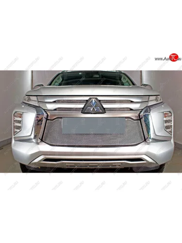 Защитная сетка в бампер (низ, ячейка 4х10 мм) Стрелка11 Премиум (Хром) Mitsubishi Pajero Sport QF рестайлинг (2019-2022)