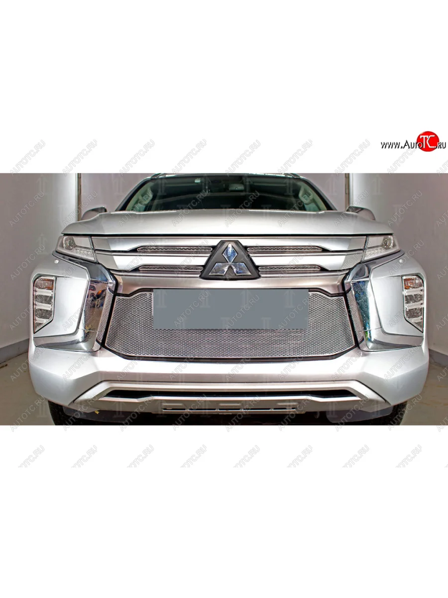 Защитная сетка в бампер (низ, ячейка 4х10 мм) Стрелка11 Премиум Mitsubishi Pajero Sport QF рестайлинг (2019-2022) (Хром)  в Самаре Самарской области