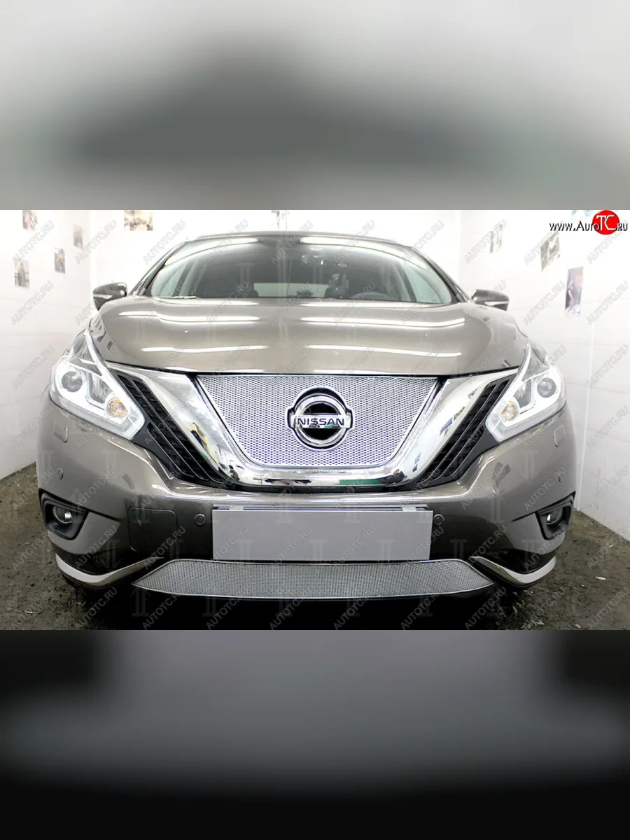 Защитная сетка в бампер (верх, ячейка 4х10 мм) Стрелка11 Премиум Nissan Murano 3 Z52 дорестайлинг (2015-2022) (Хром)  в Самаре Самарской области