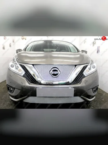 Защитная сетка в бампер (низ, ячейка 4х10 мм) Стрелка11 Премиум (Хром) Nissan Murano 3 Z52 дорестайлинг (2015-2022)