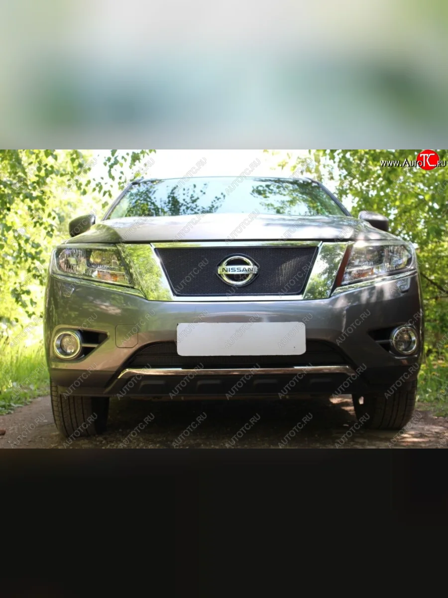 Защитная сетка в бампер (верх, ячейка 4х10 мм) Стрелка11 Премиум Nissan Pathfinder R52 дорестайлинг (2012-2017) (Чёрная)  в Перми Пермском крае