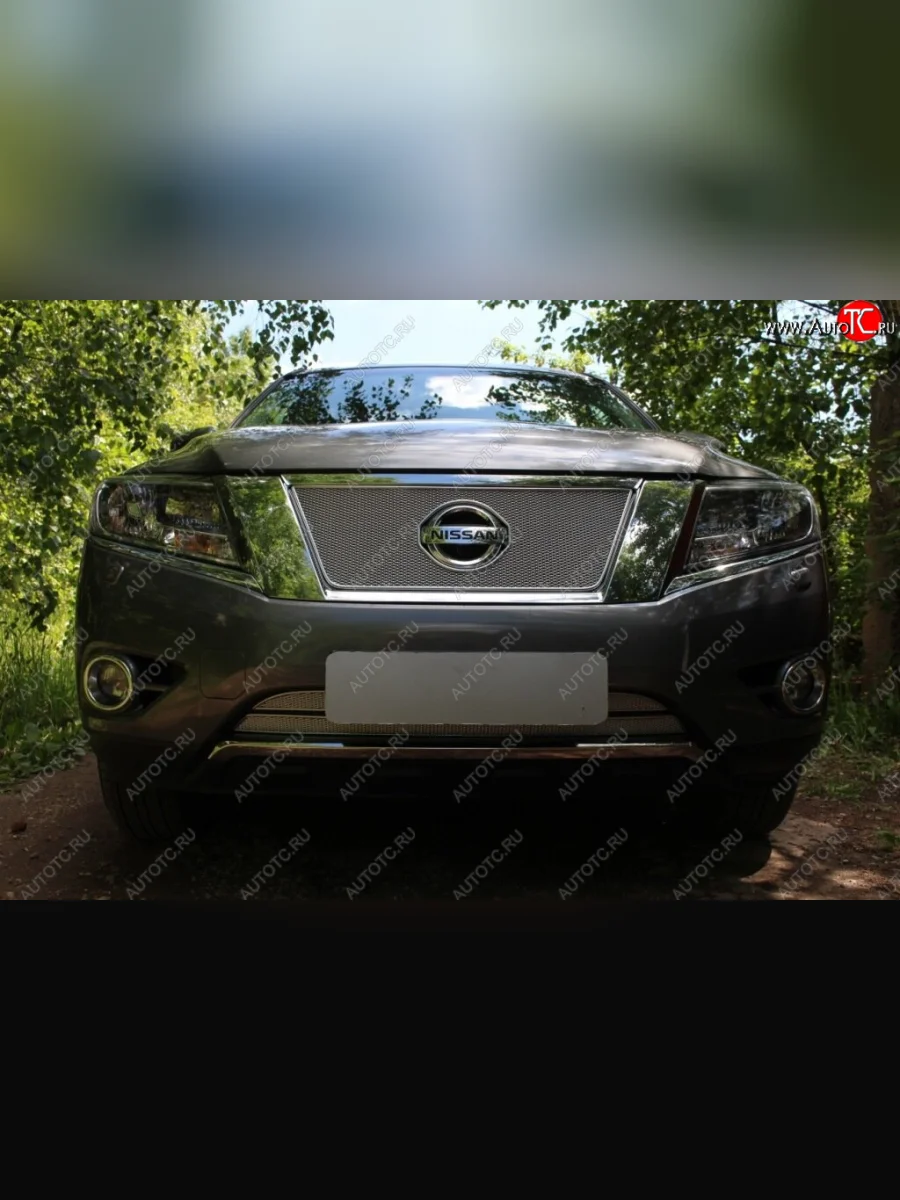 Защитная сетка в бампер (верх, ячейка 4х10 мм) Стрелка11 Премиум Nissan Pathfinder R52 дорестайлинг (2012-2017) (Хром)  в Перми Пермском крае