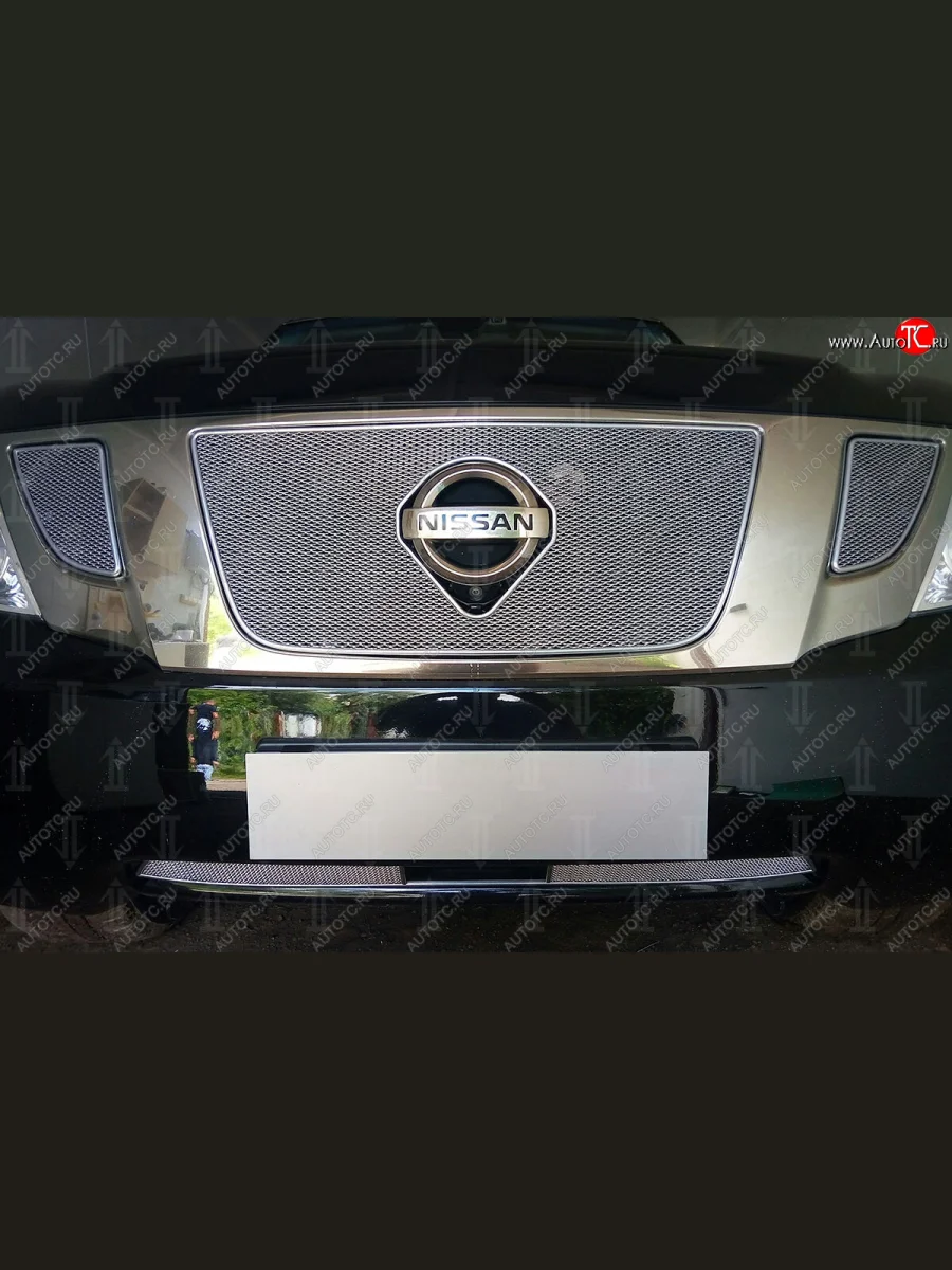 Защитная сетка в бампер (низ, с FCW, ячейка 4х10 мм) Стрелка11 Премиум Nissan Patrol 6 Y62 дорестайлинг (2010-2014) (Хром)  в Керчи Республика Крым