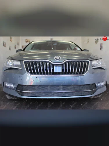 Защитная сетка в бампер (низ, 2 части, ячейка 4х10 мм) Стрелка11 Премиум (Чёрная) Skoda Superb B8 (3V5) универсал дорестайлинг (2015-2019)