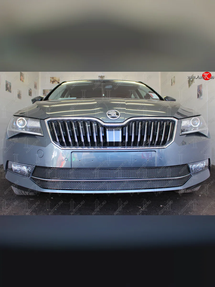 Защитная сетка в бампер (низ, 2 части, ячейка 4х10 мм) Стрелка11 Премиум Skoda Superb B8 (3V5) универсал дорестайлинг (2015-2019) (Чёрная)  в Перми Пермском крае