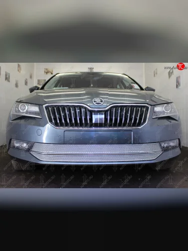 Защитная сетка в бампер (низ, 2 части, ячейка 4х10 мм) Стрелка11 Премиум (Хром) Skoda Superb B8 (3V5) универсал дорестайлинг (2015-2019)