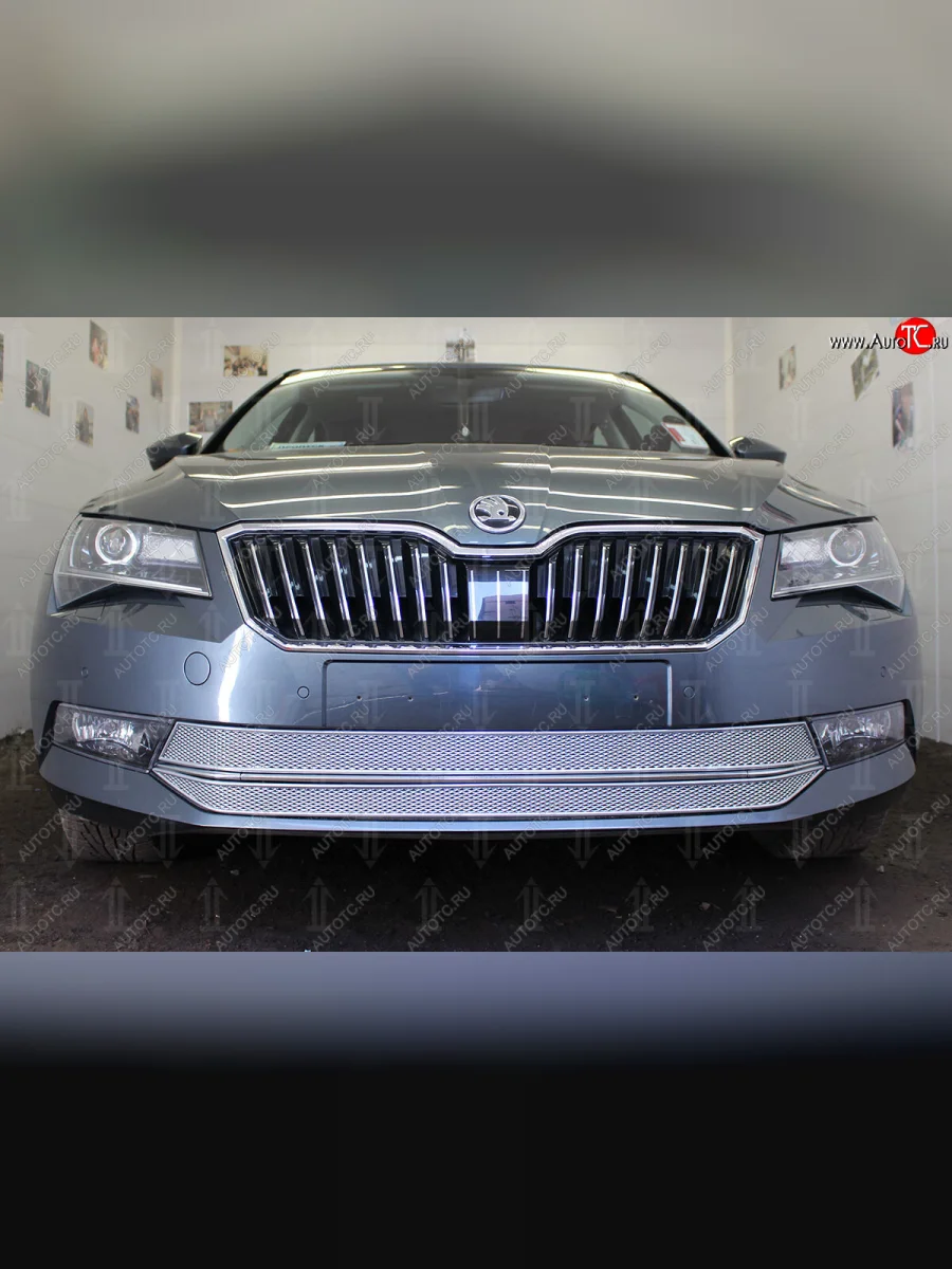 Защитная сетка в бампер (низ, 2 части, ячейка 4х10 мм) Стрелка11 Премиум Skoda Superb B8 (3V5) универсал дорестайлинг (2015-2019) (Хром)  в Перми Пермском крае
