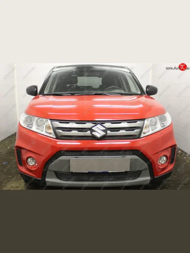 Защитная сетка в бампер (низ, 2 части, ячейка 4х10 мм) Стрелка11 Премиум (Чёрная) Suzuki Vitara LY дорестайлинг (2015-2019)