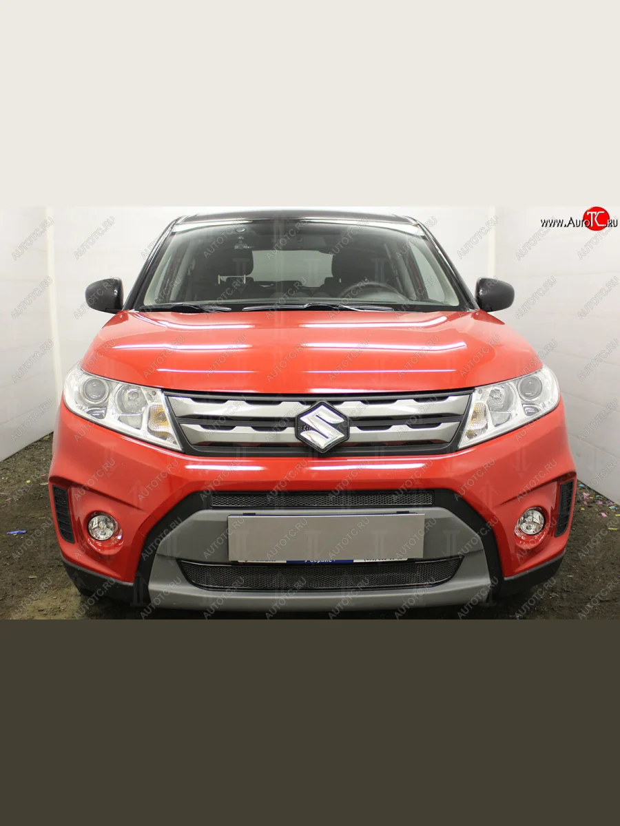 Защитная сетка в бампер (низ, 2 части, ячейка 4х10 мм) Стрелка11 Премиум Suzuki Vitara LY дорестайлинг (2015-2019) (Чёрная)  в Воронеже Воронежской области