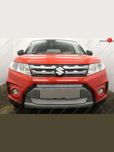 Защитная сетка в бампер (низ, 2 части, ячейка 4х10 мм) Стрелка11 Премиум (Хром) Suzuki Vitara LY дорестайлинг (2015-2019)