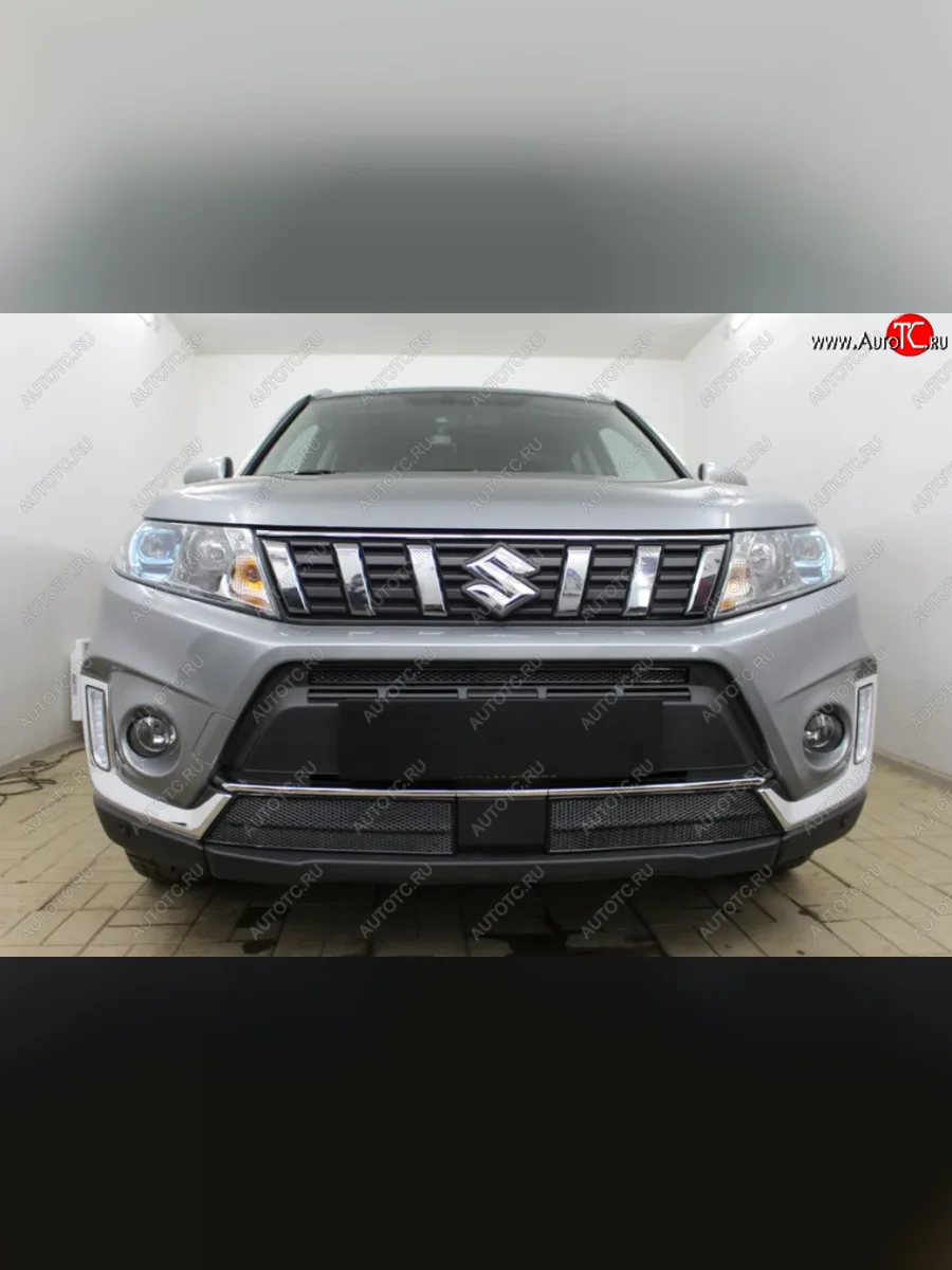 Защитная сетка в бампер (низ, 2 части, ячейка 4х10 мм) Стрелка11 Премиум Suzuki Vitara LY рестайлинг (2018-2025) (Чёрная)  в Самаре Самарской области