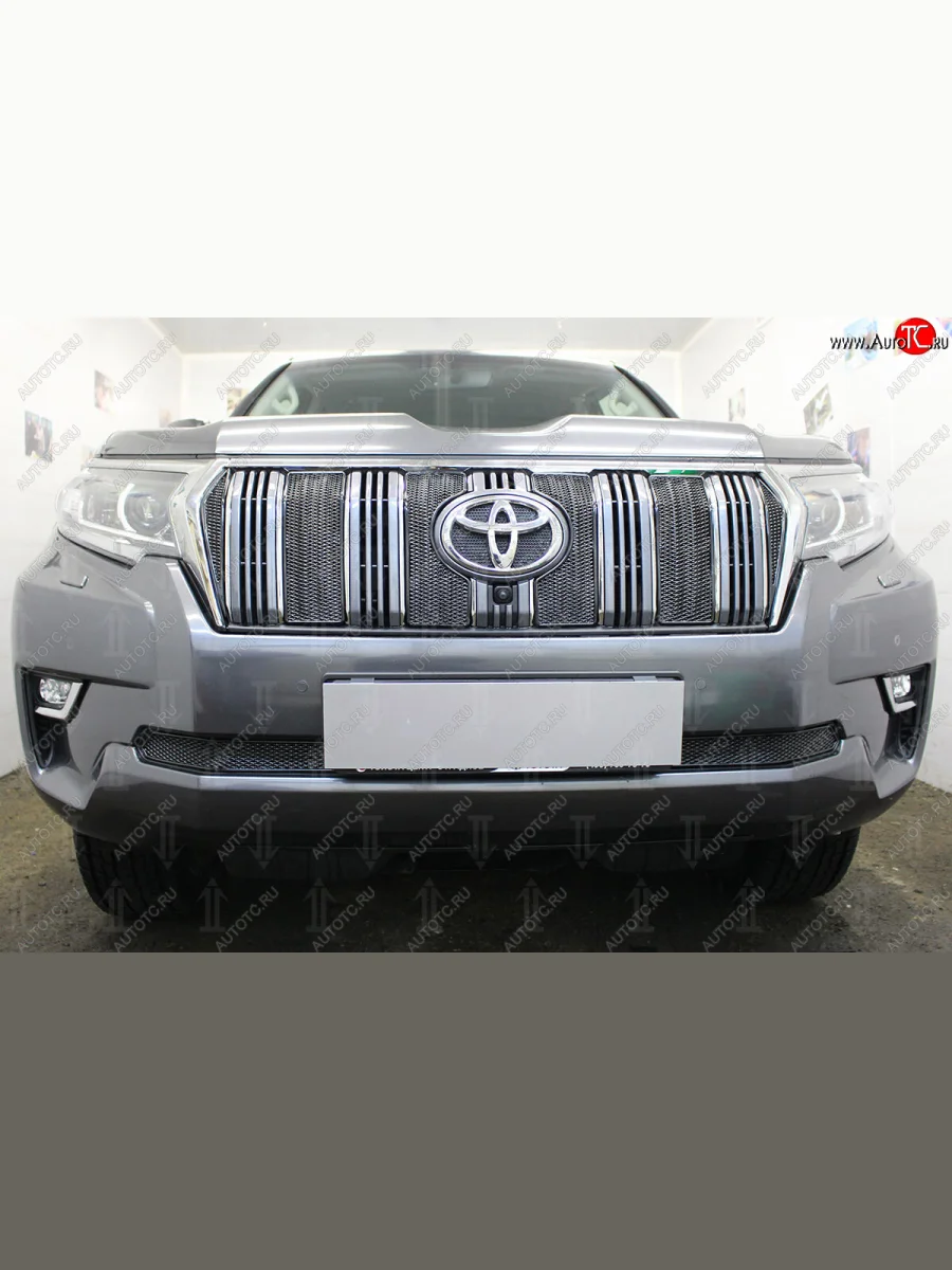 Защитная сетка в бампер (верх, ячейка 4х10 мм) Стрелка11 Премиум Toyota Land Cruiser Prado J150 3-ий рестайлинг (2020-2025) (Чёрная)  в Самаре Самарской области