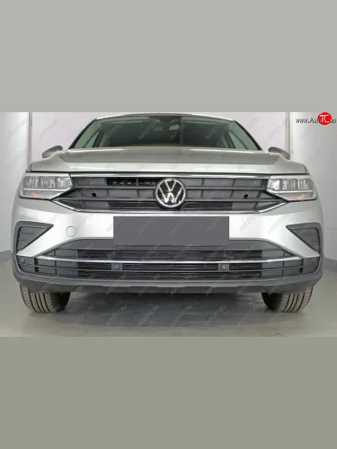 Защитная сетка в бампер (верх, 2 части, ячейка 4х10 мм) Стрелка11 Премиум (Чёрная) Volkswagen Tiguan Mk2 рестайлинг (2020-2022)