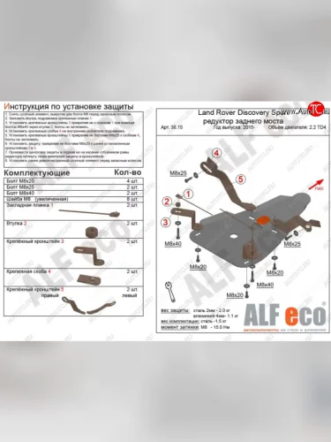 Защита редуктора заднего моста (V-2,0 TD; 2,2 TD АТ 4wd) Alfeco (Алюминий 3 мм) Land Rover Discovery Sport  L550 (2014-2019) дорестайлинг