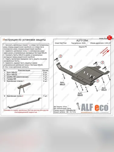 Защита раздаточной коробки (V-2,0D АT) Alfeco (Сталь 2 мм) Great Wall Poer (2021-2025)