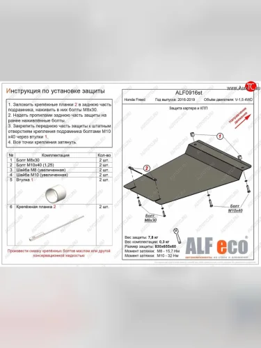 Защита картера двигателя и КПП (V-1,5 2WD, 4WD, Hybdrid) Alfeco (Сталь 2 мм) Honda Freed GB7,GB8,GB5,GB6 минивэн дорестайлинг (2016-2019)