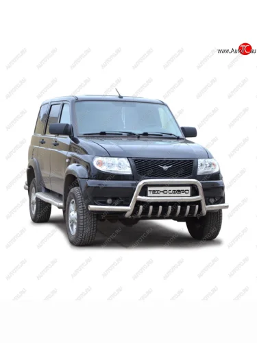 Защита переда с дополнительной защитой бампера нержавейка (Низкая с усами) d63.5, Техно Сфера Уаз Патриот 3163 5 дв. дорестайлинг (2005-2013) Защита переда с дополнительной защитой бампера нержавейка (Низкая с усами) d63.5, Техно Сфера Уаз Патриот 3163 5 дв. дорестайлинг (2005-2013)