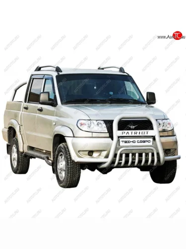 Защита переда с дополнительной защитой бампера с усами нержавейка d76, Техно Сфера Уаз Патриот 3163 5 дв. дорестайлинг (2005-2013) Защита переда с дополнительной защитой бампера с усами нержавейка d76, Техно Сфера Уаз Патриот 3163 5 дв. дорестайлинг (2005-2013)